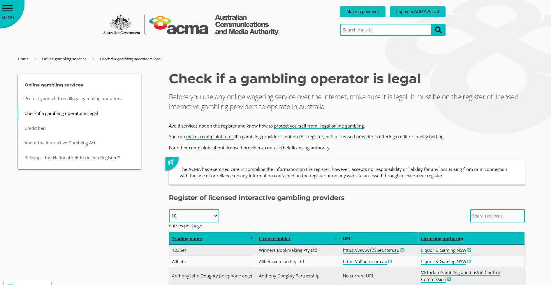 Official page view of ACMA guidance or the licensed interactive gambling provider register showing Australian regulatory context