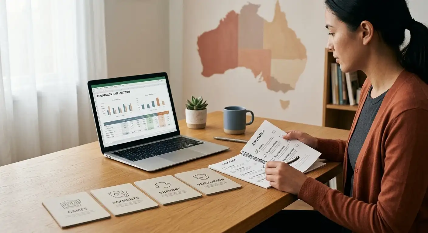 Editorial illustration of an Australian reader comparing casino facts using a neutral checklist