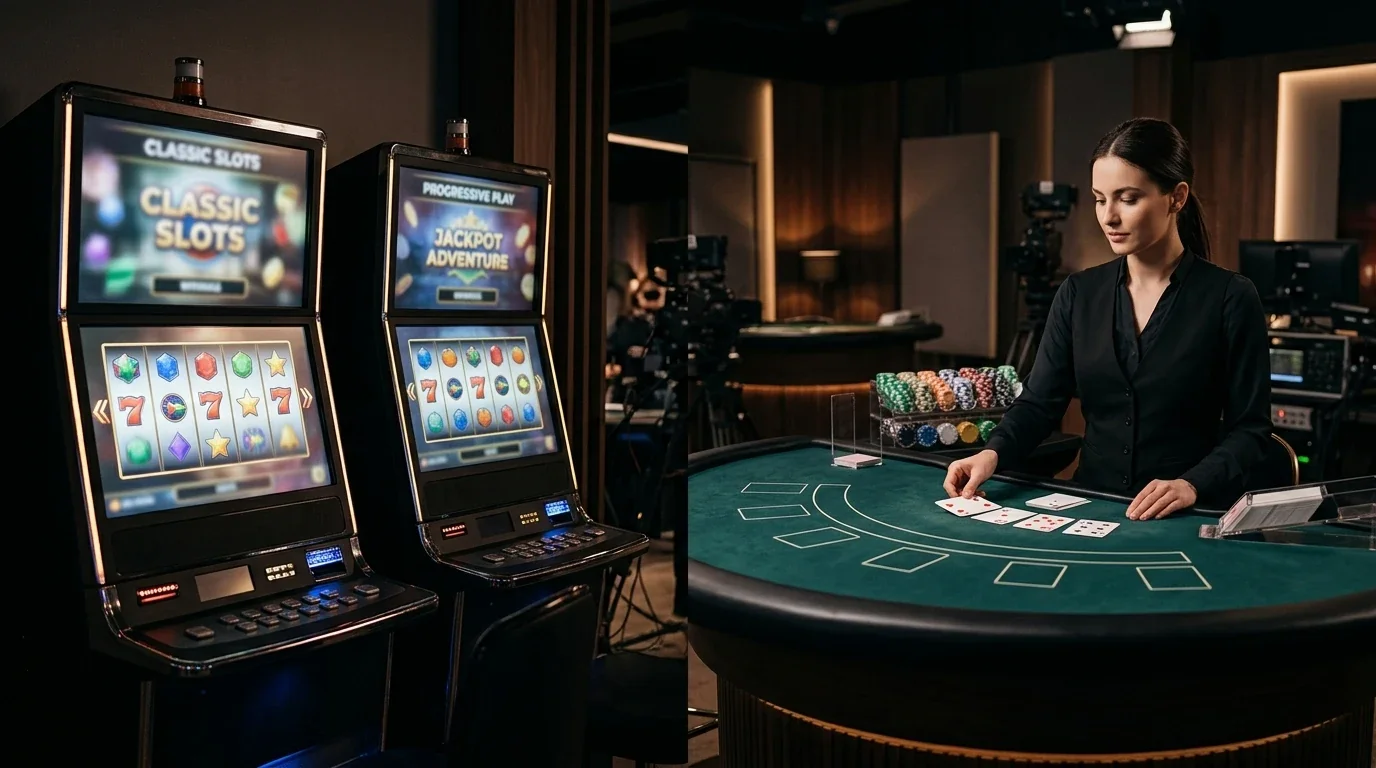 Neutral editorial scene showing generic pokies and live table casino themes without branded game artwork